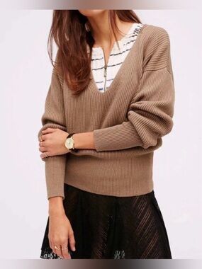 Free People Ribbed V-Neck Sweater Medium Taupe Beige Oversized Slouchy Knit